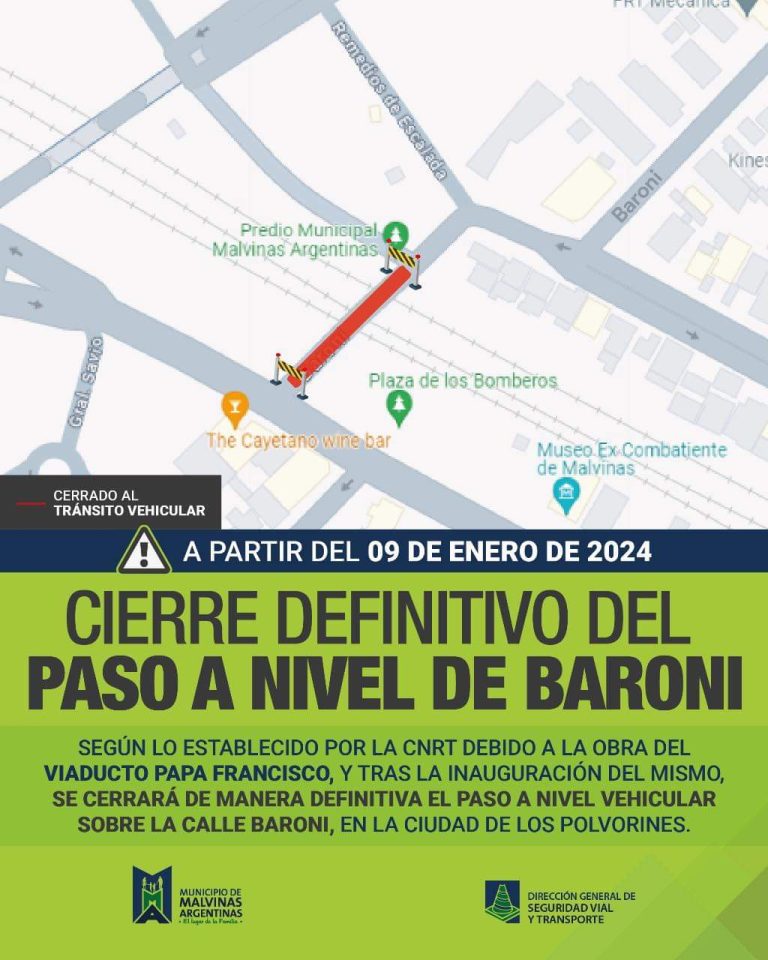Se cerrará definitivamente el paso a nivel de la calle Baroni en la ciudad de Los Polvorines.